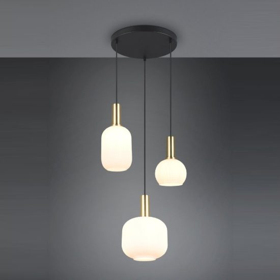 Lampadario a sospensione 3 luci ottone satinato con vetri rigati bianchi assortiti