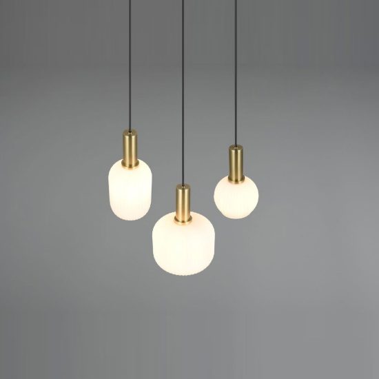 Lampadario a sospensione 3 luci ottone satinato con vetri rigati bianchi assortiti