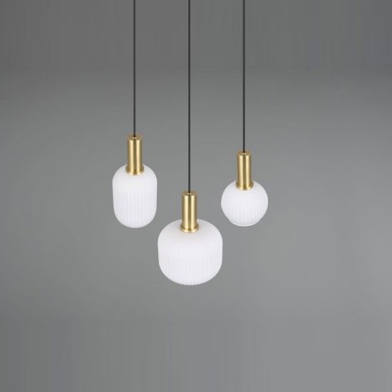 Lampadario a sospensione 3 luci ottone satinato con vetri rigati bianchi assortiti