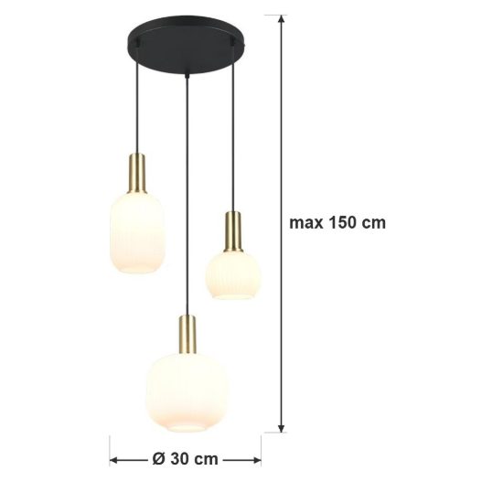 Lampadario a sospensione 3 luci ottone satinato con vetri rigati bianchi assortiti