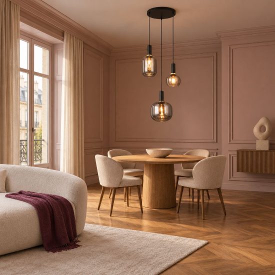 Lampadario a sospensione con 3 pendenti per sala da pranzo nero con vetri cromati assortiti