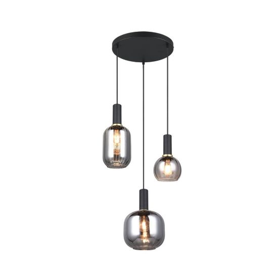 Lampadario a sospensione con 3 pendenti per sala da pranzo nero con vetri cromati assortiti