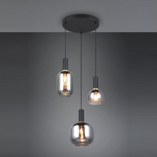 Lampadario a sospensione con 3 pendenti per sala da pranzo nero con vetri cromati assortiti
