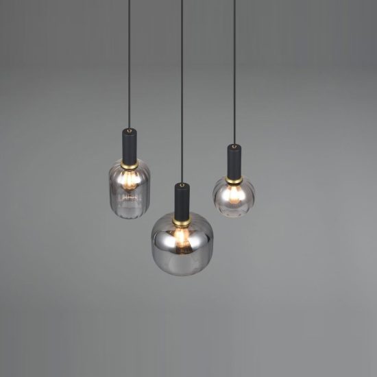 Lampadario a sospensione con 3 pendenti per sala da pranzo nero con vetri cromati assortiti