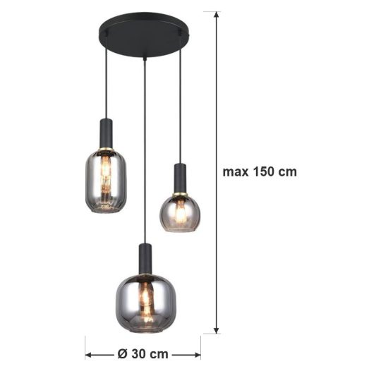 Lampadario a sospensione con 3 pendenti per sala da pranzo nero con vetri cromati assortiti