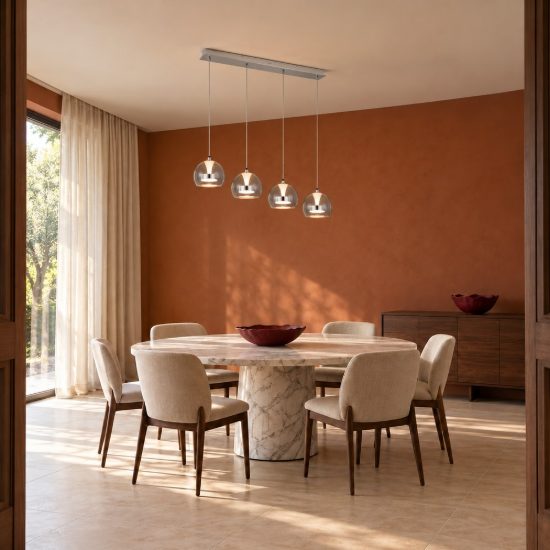 Lampadario con 4 pendenti per soggiorno led 32w cct 2300k 3000k 4000k rettangolare cromo con vetri trasparenti