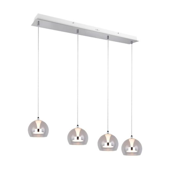 Lampadario con 4 pendenti per soggiorno led 32w cct 2300k 3000k 4000k rettangolare cromo con vetri trasparenti