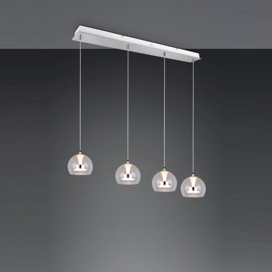 Lampadario con 4 pendenti per soggiorno led 32w cct 2300k 3000k 4000k rettangolare cromo con vetri trasparenti