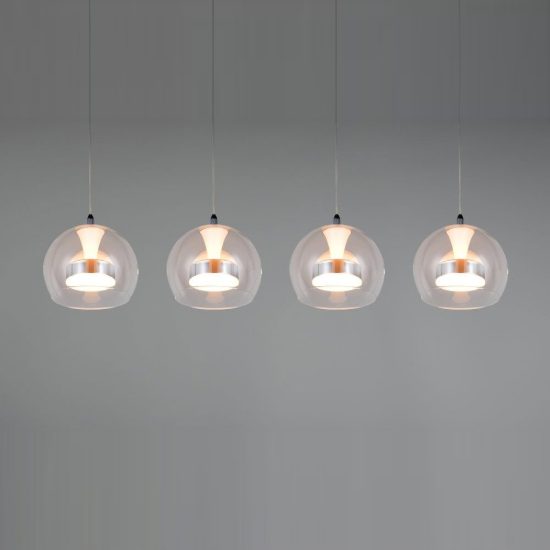 Lampadario con 4 pendenti per soggiorno led 32w cct 2300k 3000k 4000k rettangolare cromo con vetri trasparenti