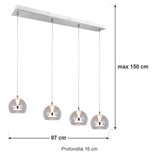 Lampadario con 4 pendenti per soggiorno led 32w cct 2300k 3000k 4000k rettangolare cromo con vetri trasparenti