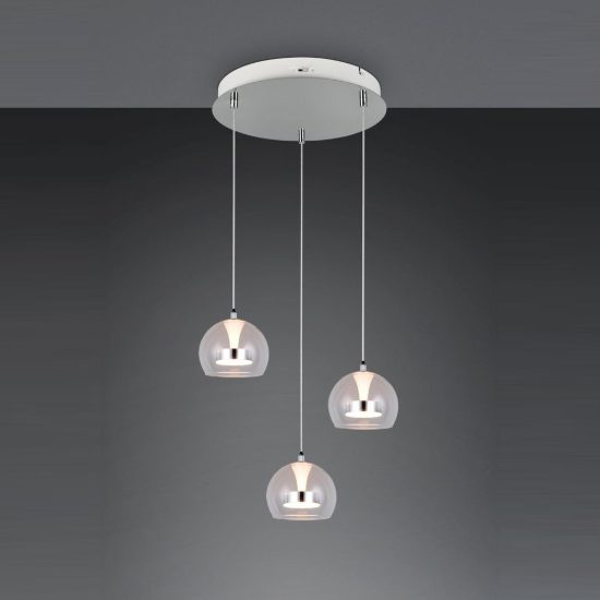 Lampadario con 3 pendenti per soggiorno led 24w cct 2300k 3000k 4000k rotondo cromo con vetri trasparenti
