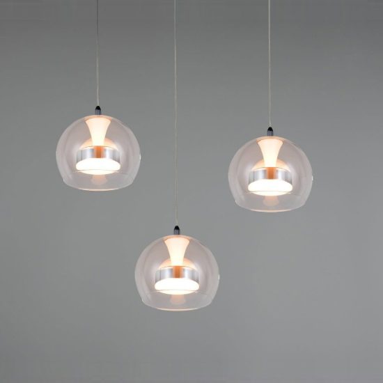 Lampadario con 3 pendenti per soggiorno led 24w cct 2300k 3000k 4000k rotondo cromo con vetri trasparenti