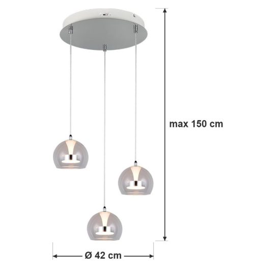 Lampadario con 3 pendenti per soggiorno led 24w cct 2300k 3000k 4000k rotondo cromo con vetri trasparenti