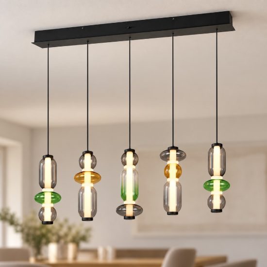 Lampadario a sospensione 5 luci led 30w 2300k 3000k 4000k rettangolare con vetri multicolore