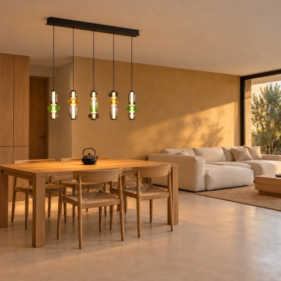 Lampadario a sospensione 5 luci led 30w 2300k 3000k 4000k rettangolare con vetri multicolore