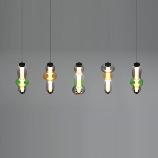 Lampadario a sospensione 5 luci led 30w 2300k 3000k 4000k rettangolare con vetri multicolore