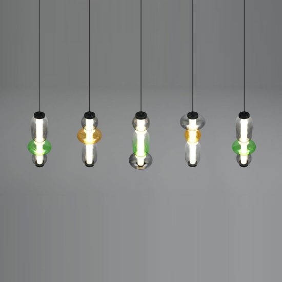 Lampadario a sospensione 5 luci led 30w 2300k 3000k 4000k rettangolare con vetri multicolore
