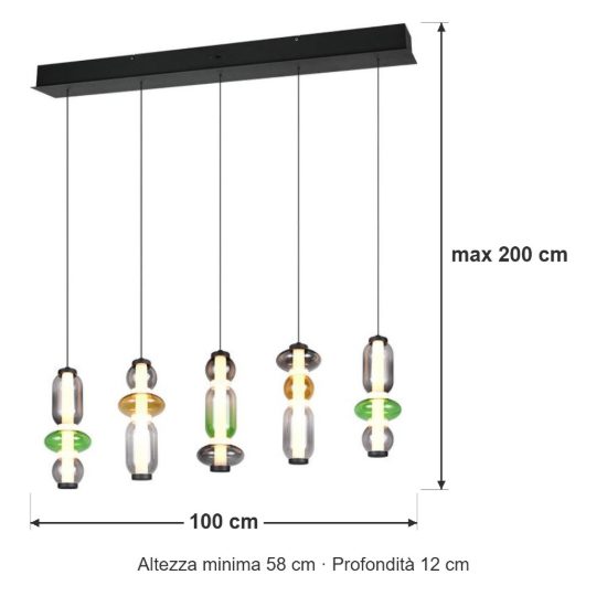 Lampadario a sospensione 5 luci led 30w 2300k 3000k 4000k rettangolare con vetri multicolore