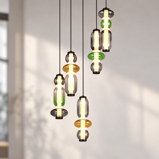 Lampadario a sospensione 5 luci led 30w 2300k 3000k 4000k rotondo con vetri multicolore