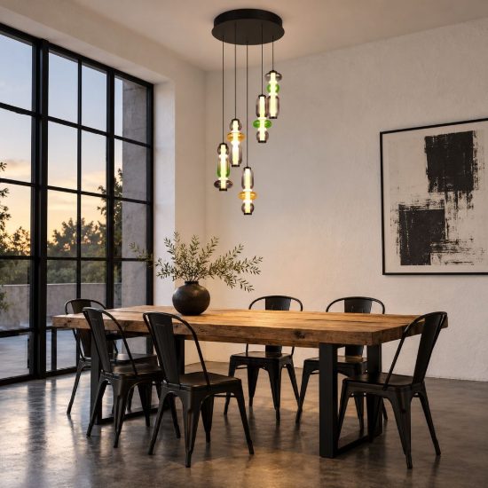 Lampadario a sospensione 5 luci led 30w 2300k 3000k 4000k rotondo con vetri multicolore