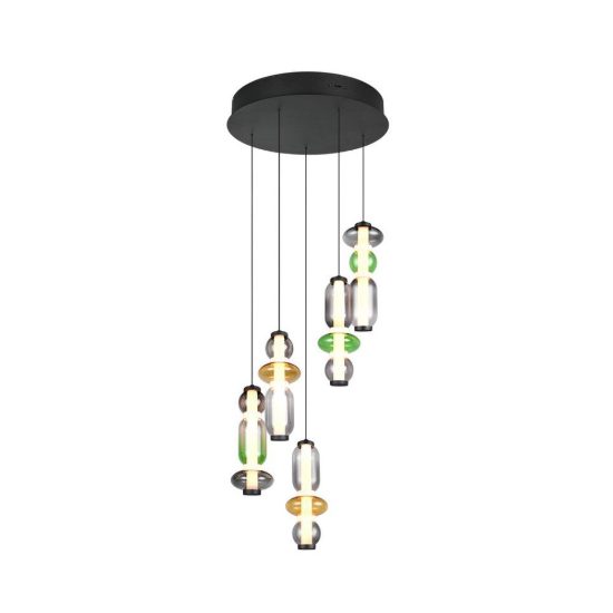 Lampadario a sospensione 5 luci led 30w 2300k 3000k 4000k rotondo con vetri multicolore