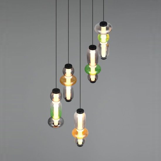 Lampadario a sospensione 5 luci led 30w 2300k 3000k 4000k rotondo con vetri multicolore