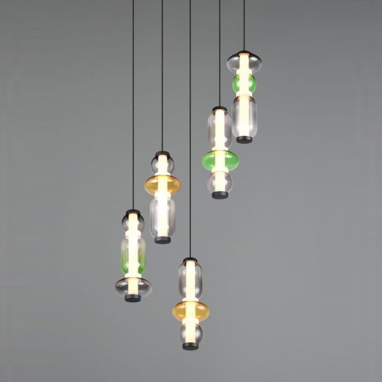 Lampadario a sospensione 5 luci led 30w 2300k 3000k 4000k rotondo con vetri multicolore