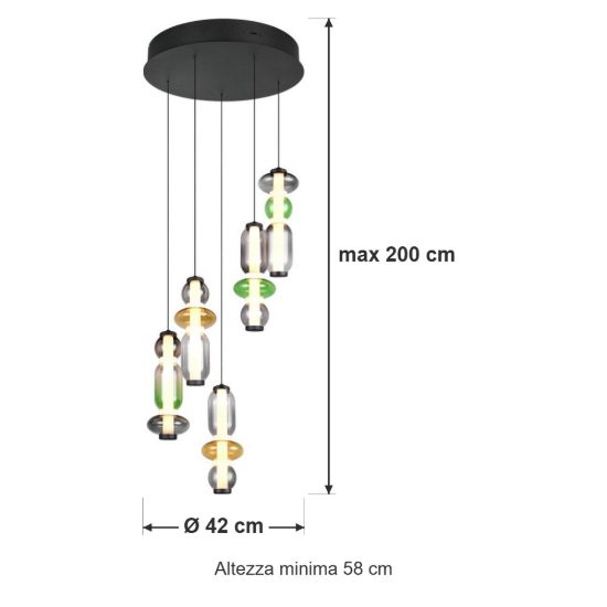 Lampadario a sospensione 5 luci led 30w 2300k 3000k 4000k rotondo con vetri multicolore