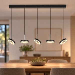 Lampadario a sospensione 5 luci led 40w 2300k 3000k 4000k rettangolare nero e nichel opaco