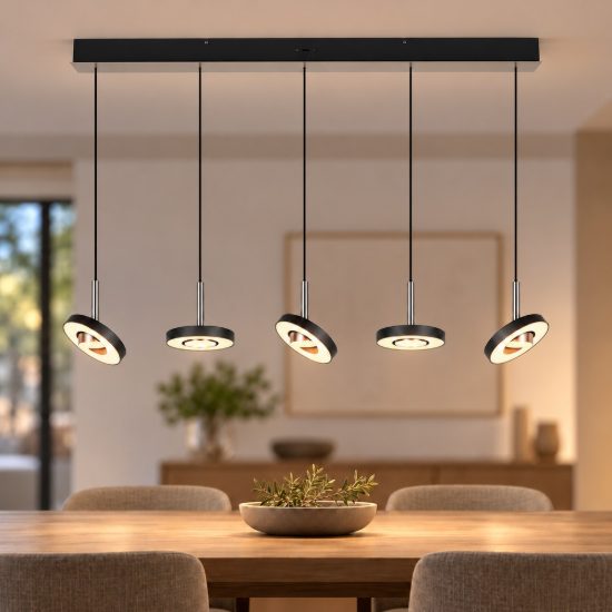 Lampadario a sospensione 5 luci led 40w 2300k 3000k 4000k rettangolare nero e nichel opaco