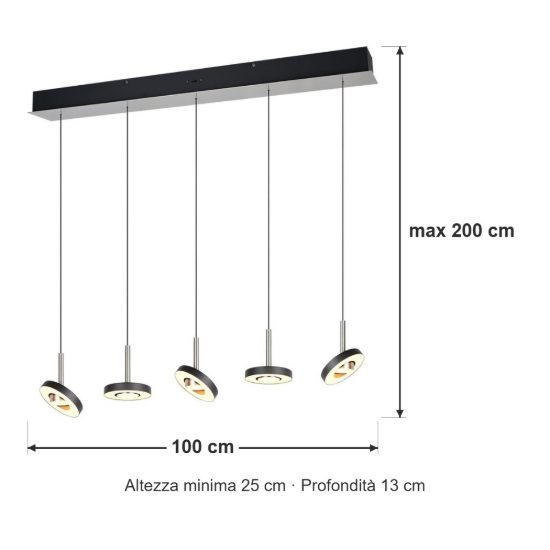 Lampadario a sospensione 5 luci led 40w 2300k 3000k 4000k rettangolare nero e nichel opaco