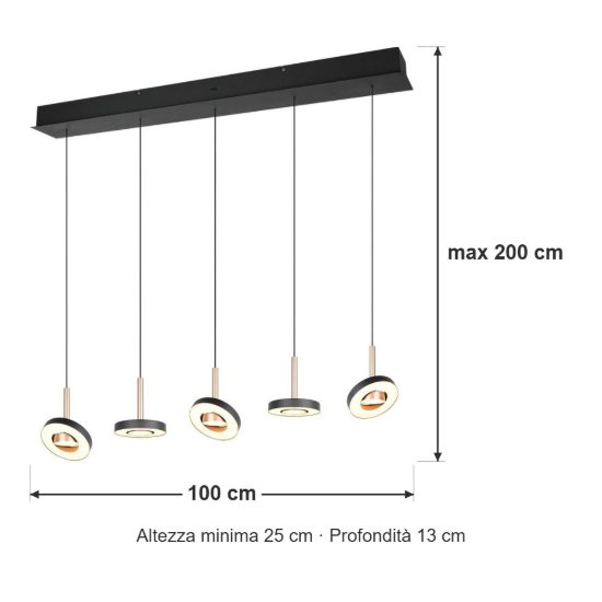 Lampadario con 5 pendenti per sala da pranzo led 40w cct 2300k 3000k 4000k rettangolare nero caffe