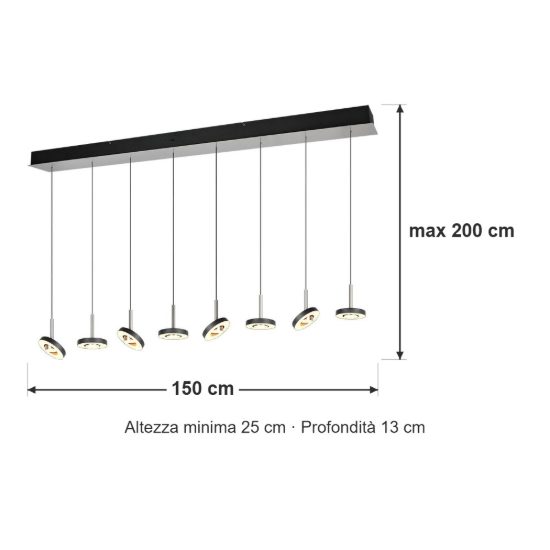 Lampadario con 8 pendenti per salotto led 64w cct 2300k 3000k 4000k rettangolare nero nichel opaco