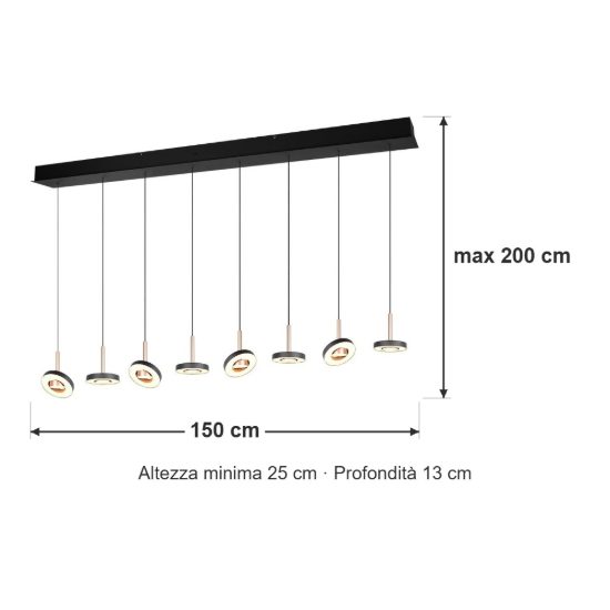 Lampadario con 8 pendenti per sala da pranzo led 64w cct 2300k 3000k 4000k rettangolare nero caffe