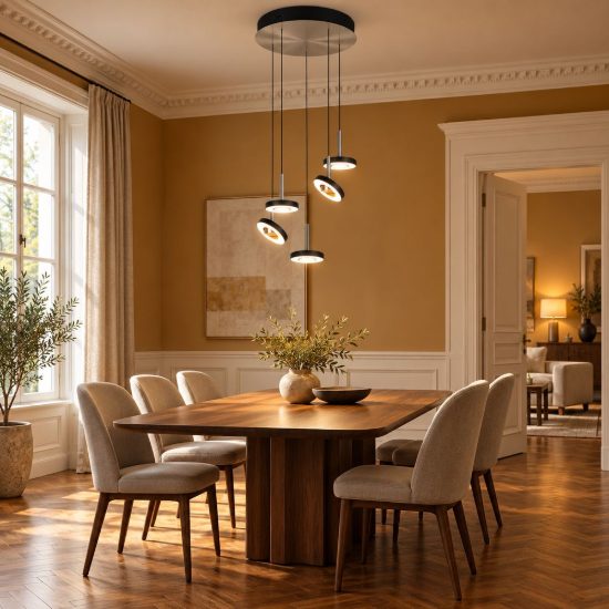 Lampadario con 5 pendenti per salotto led 40w cct 2300k 3000k 4000k rotondo nero nichel opaco