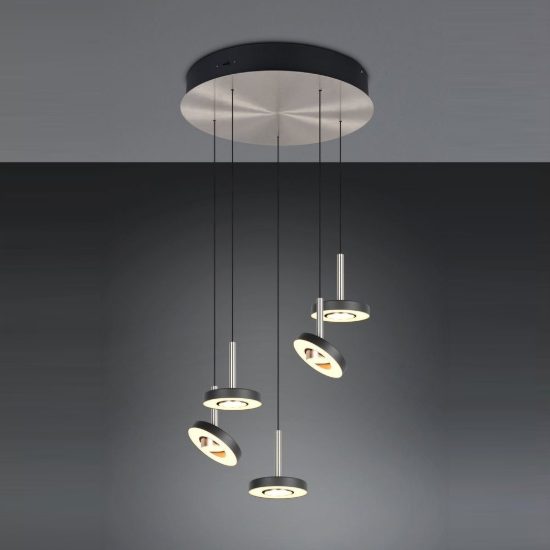 Lampadario con 5 pendenti per salotto led 40w cct 2300k 3000k 4000k rotondo nero nichel opaco