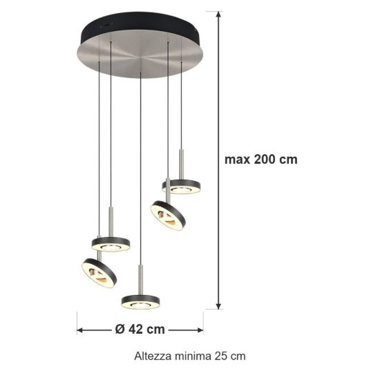 Lampadario con 5 pendenti per salotto led 40w cct 2300k 3000k 4000k rotondo nero nichel opaco