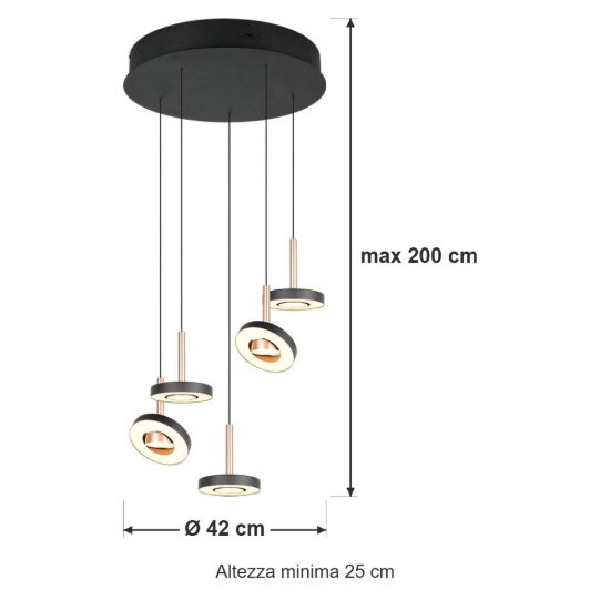 Lampadario con 5 pendenti per sala da pranzo led 40w cct 2300k 3000k 4000k rotondo nero caffe