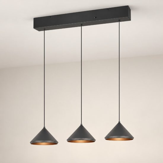 Lampadario a sospensione 3 luci led 15w 2300k 3000k 4000k lineare a coni nero
