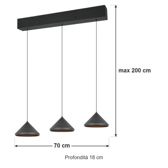 Lampadario a sospensione 3 luci led 15w 2300k 3000k 4000k lineare a coni nero