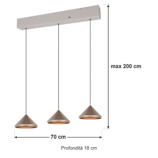 Lampadario a sospensione 3 luci led 15w 2300k 3000k 4000k lineare a coni caffè e grigio caldo