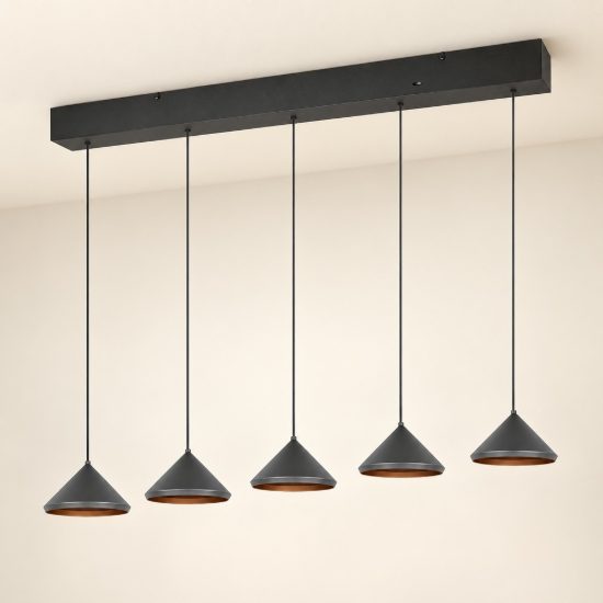 Lampadario a sospensione con 5 pendenti led 25w cct 2300k 3000k 4000k lineare a coni nero