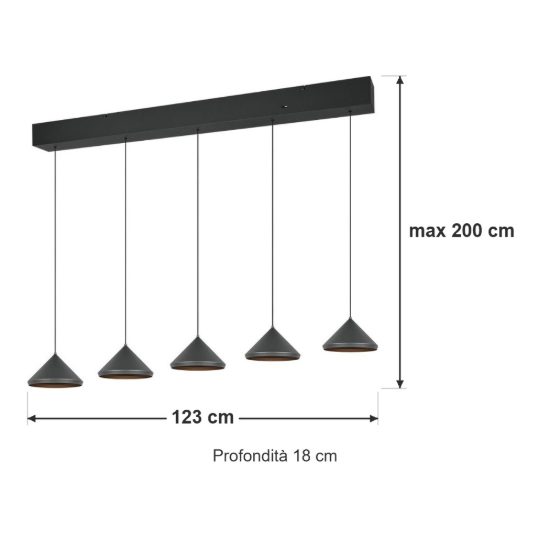 Lampadario a sospensione con 5 pendenti led 25w cct 2300k 3000k 4000k lineare a coni nero