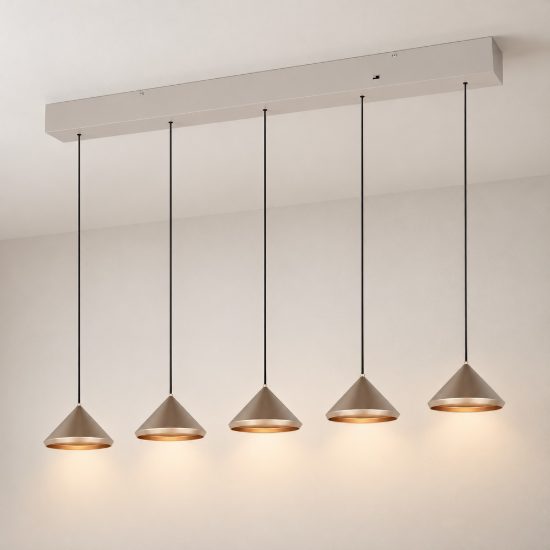 Lampadario a sospensione 5 luci led 25w 2300k 3000k 4000k lineare a coni caffè e grigio caldo