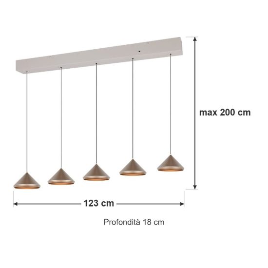 Lampadario a sospensione 5 luci led 25w 2300k 3000k 4000k lineare a coni caffè e grigio caldo