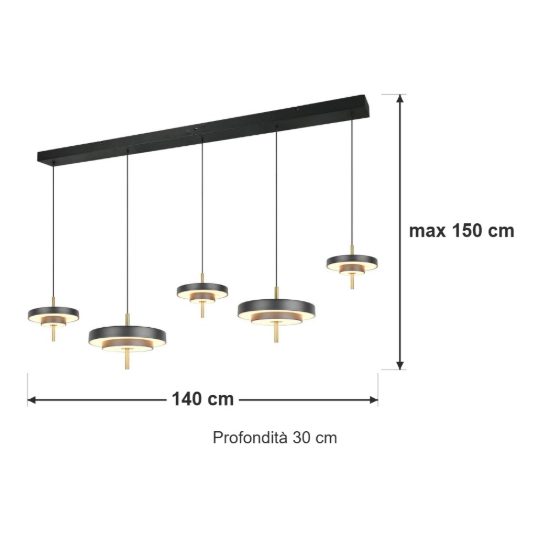 Lampadario 5 luci per soggiorno led 50w cct 2300k 3000k 4000k lineare nero caffe a dischi sovrapposti