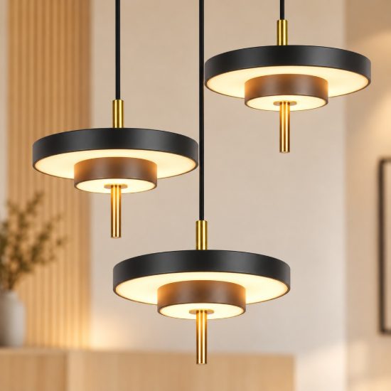 Lampadario 3 luci led 30w 2300k 3000k 4000k nero e caffè a dischi sovrapposti