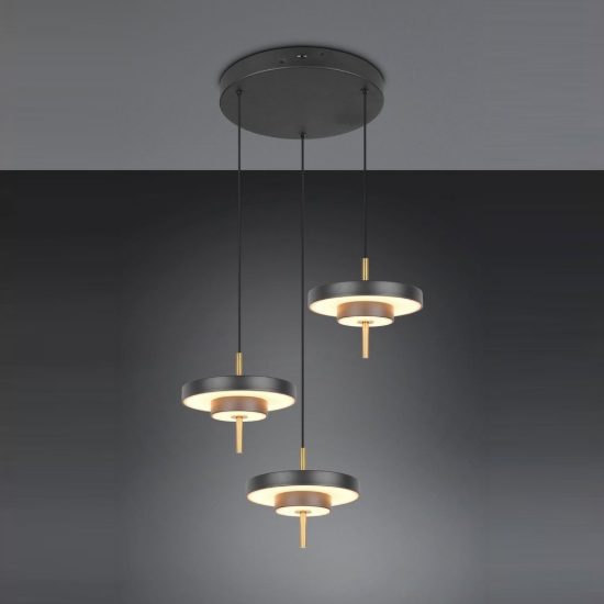 Lampadario 3 luci led 30w 2300k 3000k 4000k nero e caffè a dischi sovrapposti