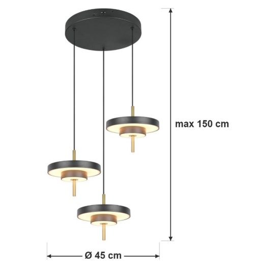 Lampadario 3 luci led 30w 2300k 3000k 4000k nero e caffè a dischi sovrapposti