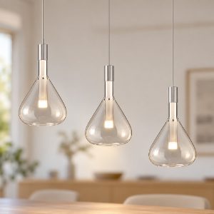 Lampadario a sospensione 3 luci led 16,8w 2000k 4000k dim to warm bianco con vetri trasparenti